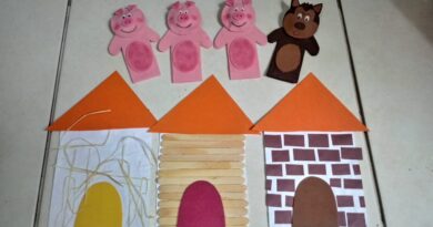Contação da história: Os três porquinhos com dedoches. Foram explorados os 3 tipos de construções. Com palha, madeira e tijolos